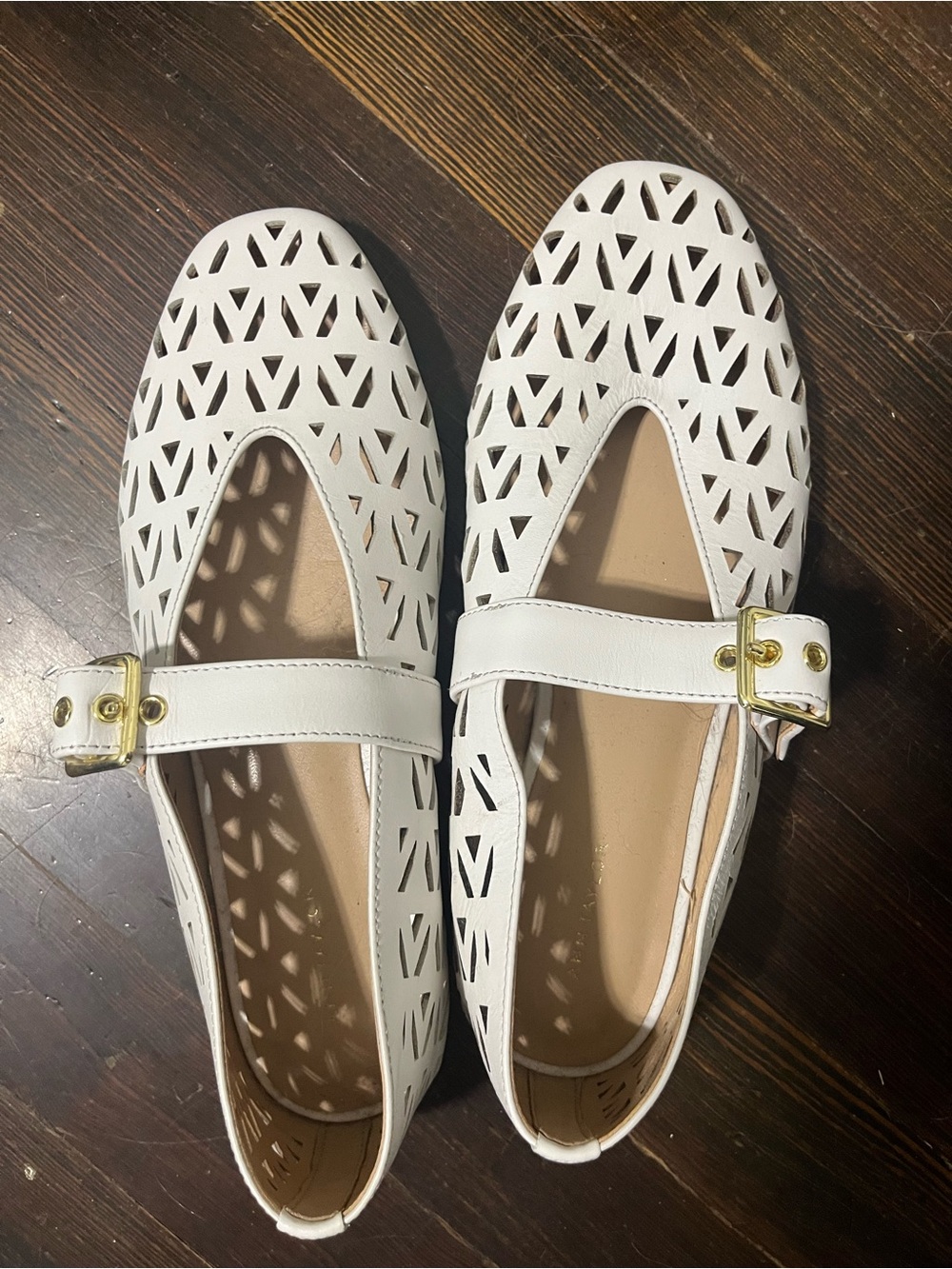 Ann Taylor White Perforated Mary Jane Flats with Gold Buckle
